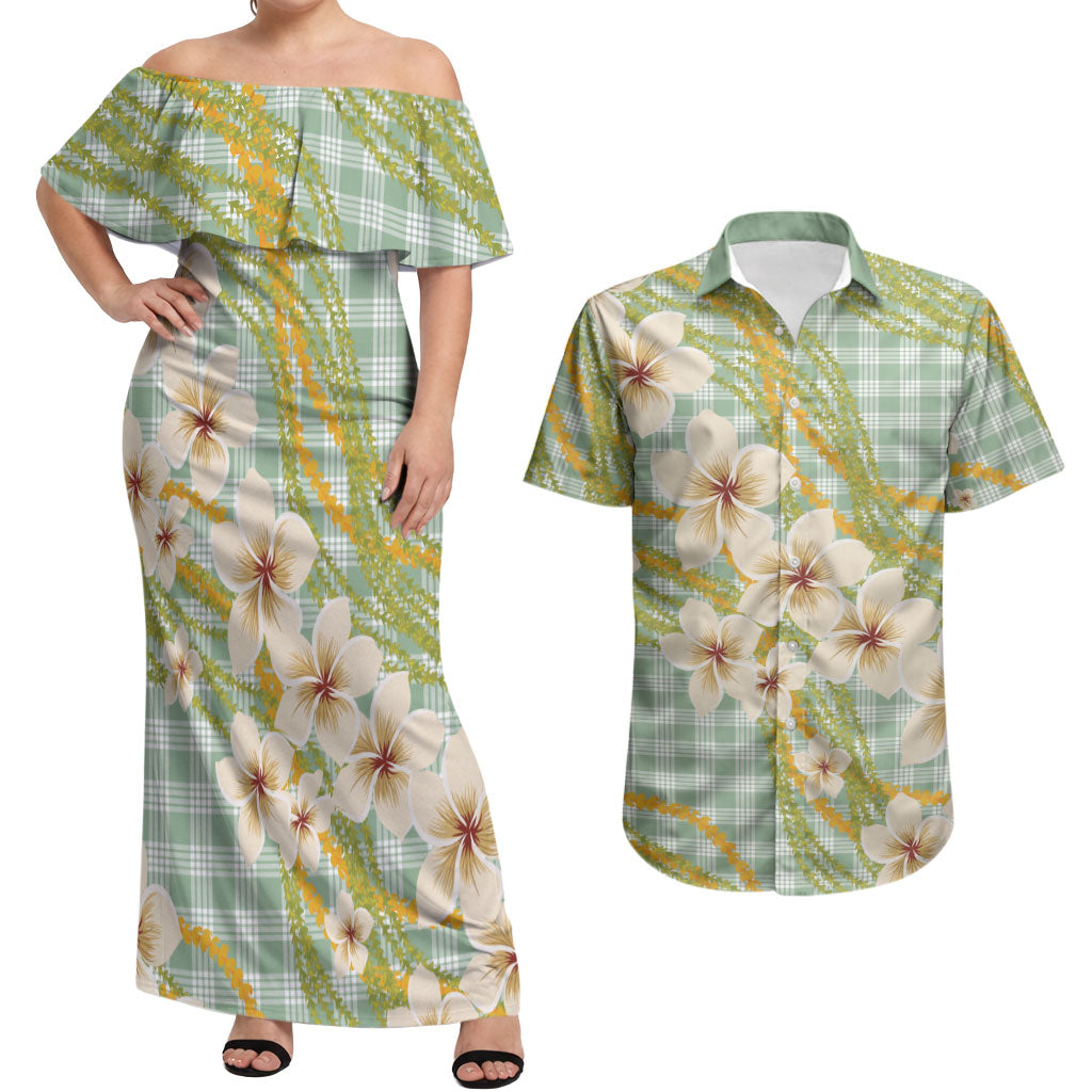 Liko Kukui Hawai'i Palaka Plumeria Couples Matching Off Shoulder Maxi Dress and Hawaiian Shirt Puakenikeni and Maile Lei LT9 Sage Green - Polynesian Pride