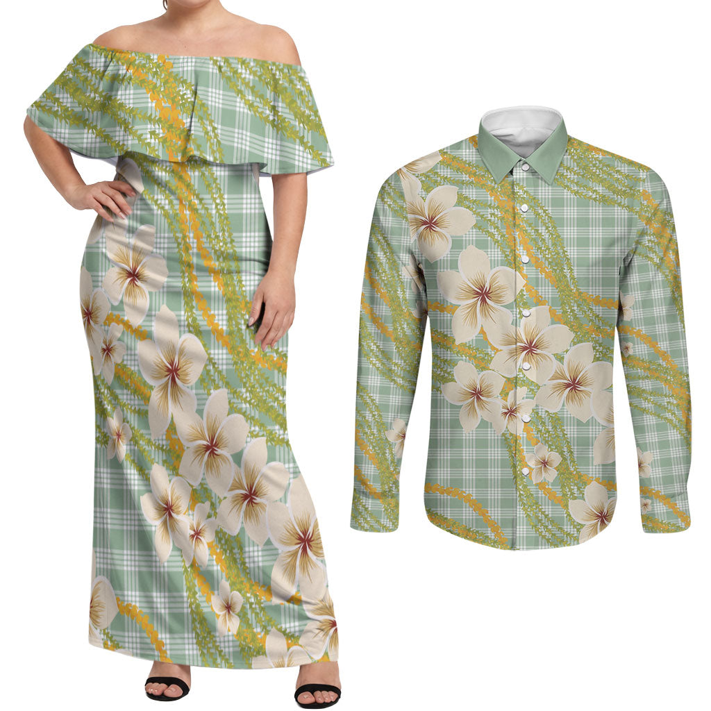 Liko Kukui Hawai'i Palaka Plumeria Couples Matching Off Shoulder Maxi Dress and Long Sleeve Button Shirt Puakenikeni and Maile Lei LT9 Sage Green - Polynesian Pride