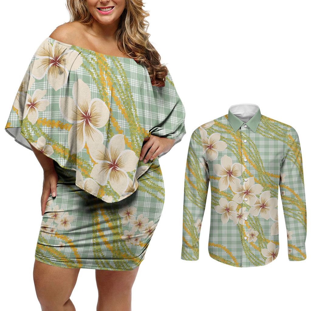 Liko Kukui Hawai'i Palaka Plumeria Couples Matching Off Shoulder Short Dress and Long Sleeve Button Shirt Puakenikeni and Maile Lei LT9 Sage Green - Polynesian Pride