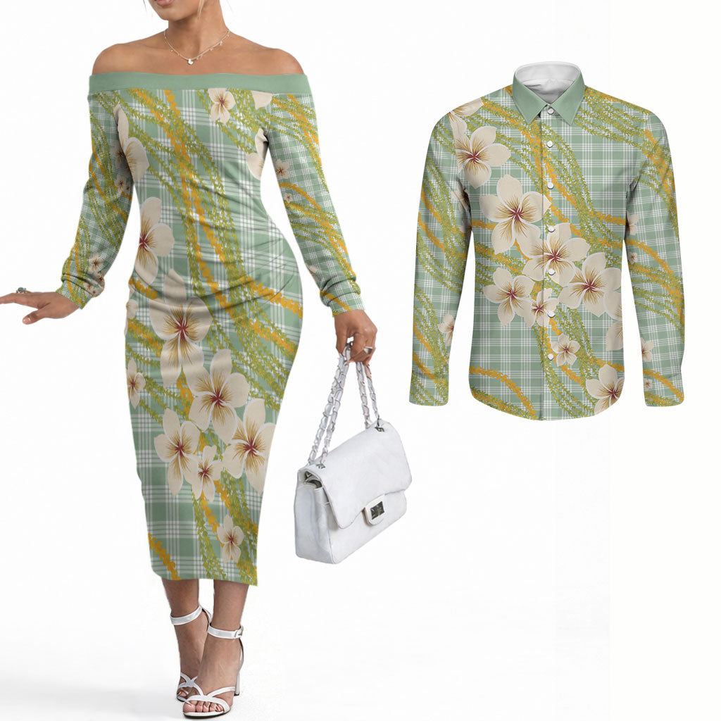Liko Kukui Hawai'i Palaka Plumeria Couples Matching Off The Shoulder Long Sleeve Dress and Long Sleeve Button Shirt Puakenikeni and Maile Lei LT9 Sage Green - Polynesian Pride