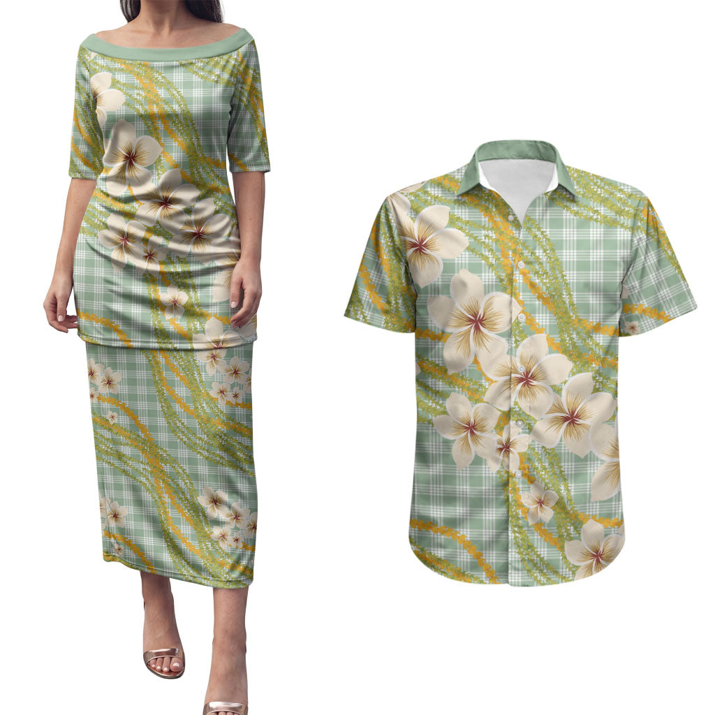 Liko Kukui Hawai'i Palaka Plumeria Couples Matching Puletasi and Hawaiian Shirt Puakenikeni and Maile Lei LT9 Sage Green - Polynesian Pride
