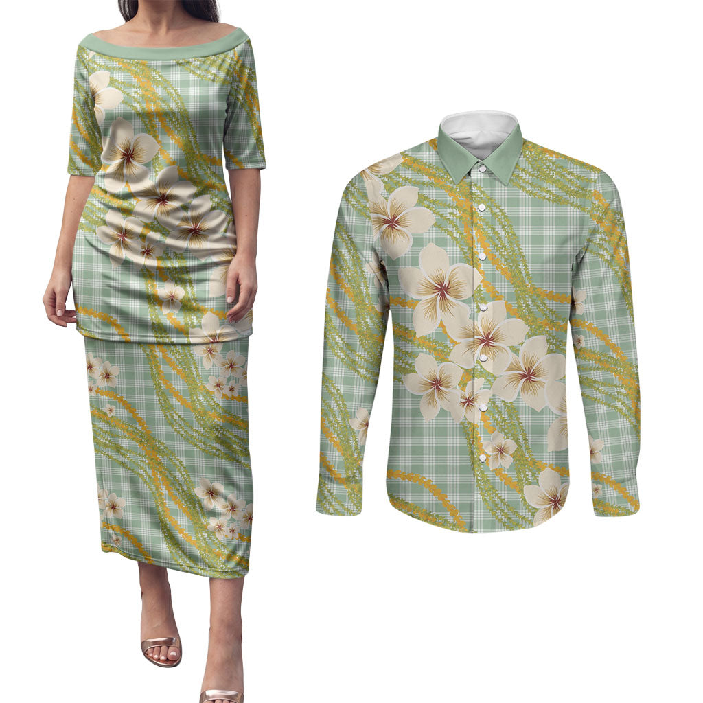 Liko Kukui Hawai'i Palaka Plumeria Couples Matching Puletasi and Long Sleeve Button Shirt Puakenikeni and Maile Lei LT9 Sage Green - Polynesian Pride