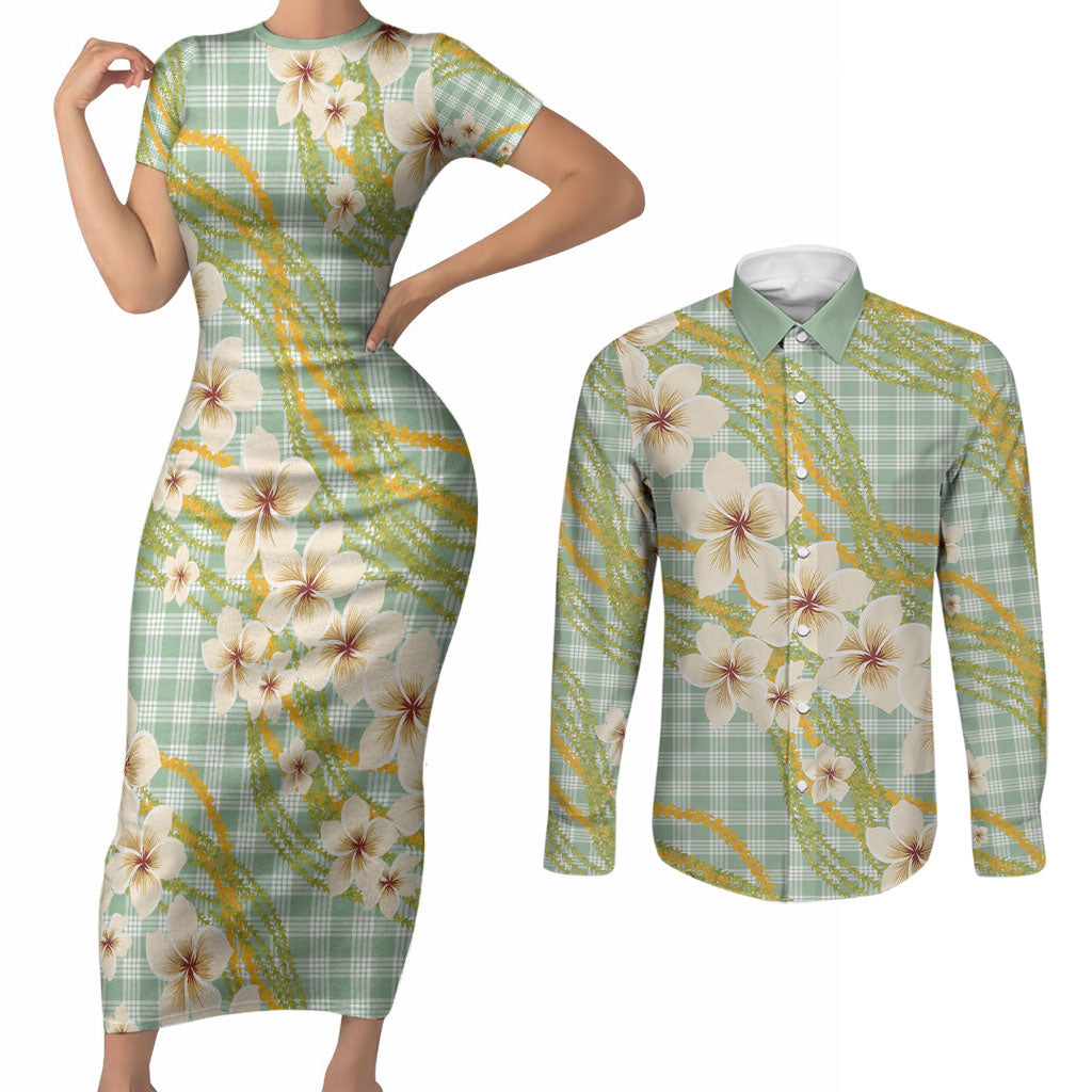 Liko Kukui Hawai'i Palaka Plumeria Couples Matching Short Sleeve Bodycon Dress and Long Sleeve Button Shirt Puakenikeni and Maile Lei LT9 Sage Green - Polynesian Pride