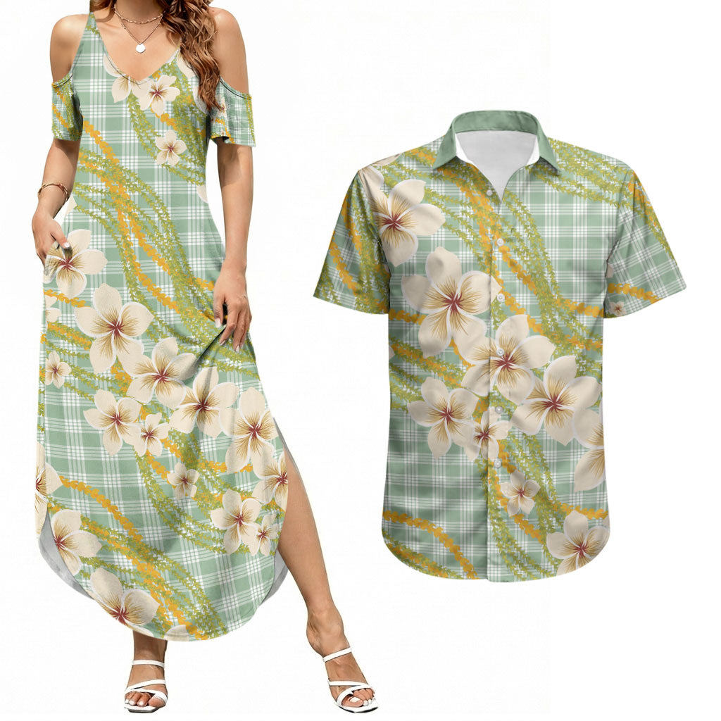 Liko Kukui Hawai'i Palaka Plumeria Couples Matching Summer Maxi Dress and Hawaiian Shirt Puakenikeni and Maile Lei LT9 Sage Green - Polynesian Pride
