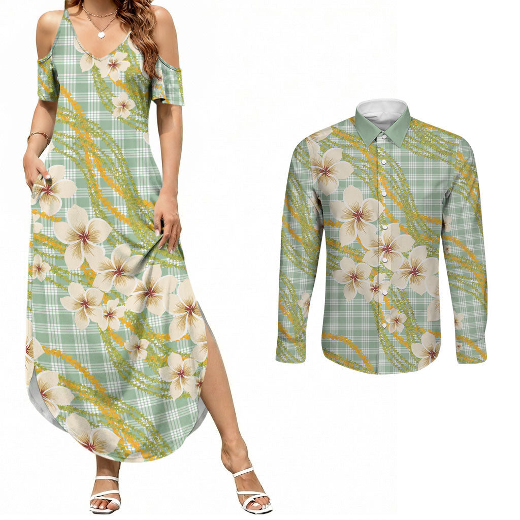 Liko Kukui Hawai'i Palaka Plumeria Couples Matching Summer Maxi Dress and Long Sleeve Button Shirt Puakenikeni and Maile Lei LT9 Sage Green - Polynesian Pride