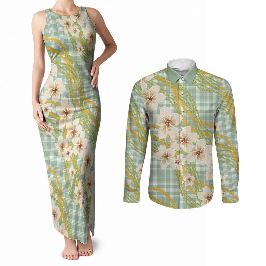 Liko Kukui Hawai'i Palaka Plumeria Couples Matching Tank Maxi Dress and Long Sleeve Button Shirt Puakenikeni and Maile Lei LT9 Sage Green - Polynesian Pride