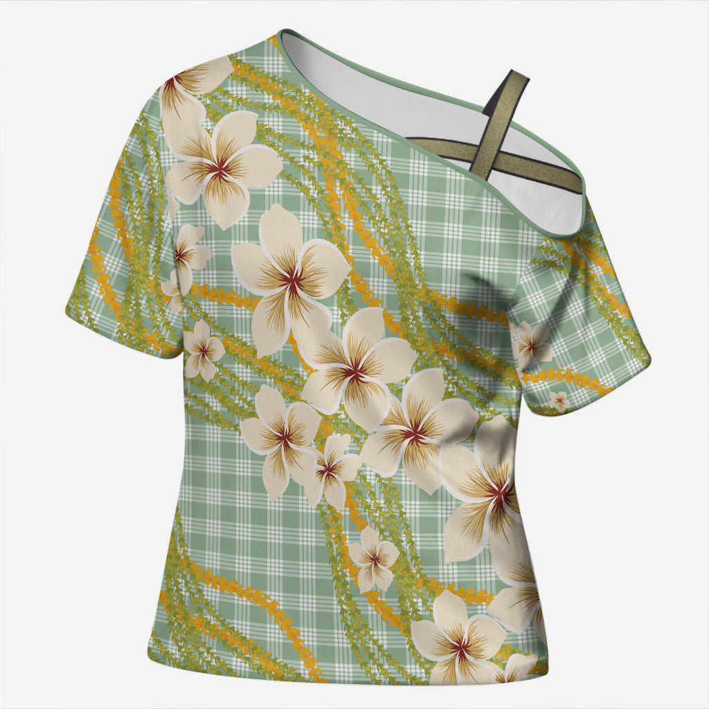 Liko Kukui Hawai'i Palaka Plumeria Cross Shoulder Shirt Puakenikeni and Maile Lei LT9 Female Sage Green - Polynesian Pride
