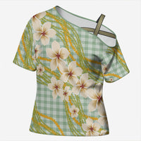 Liko Kukui Hawai'i Palaka Plumeria Cross Shoulder Shirt Puakenikeni and Maile Lei LT9 Female Sage Green - Polynesian Pride