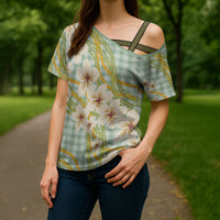 Liko Kukui Hawai'i Palaka Plumeria Cross Shoulder Shirt Puakenikeni and Maile Lei LT9 - Polynesian Pride