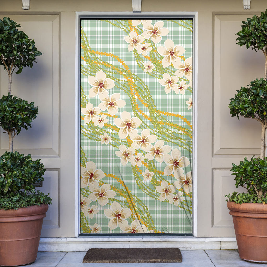 Liko Kukui Hawai'i Palaka Plumeria Door Cover Puakenikeni and Maile Lei LT9 Sage Green - Polynesian Pride