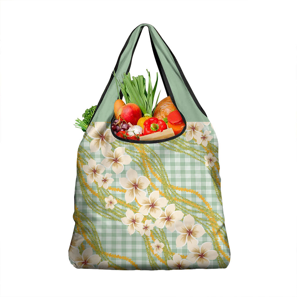 Liko Kukui Hawai'i Palaka Plumeria Grocery Bag Puakenikeni and Maile Lei LT9 1-pack One Size Sage Green - Polynesian Pride