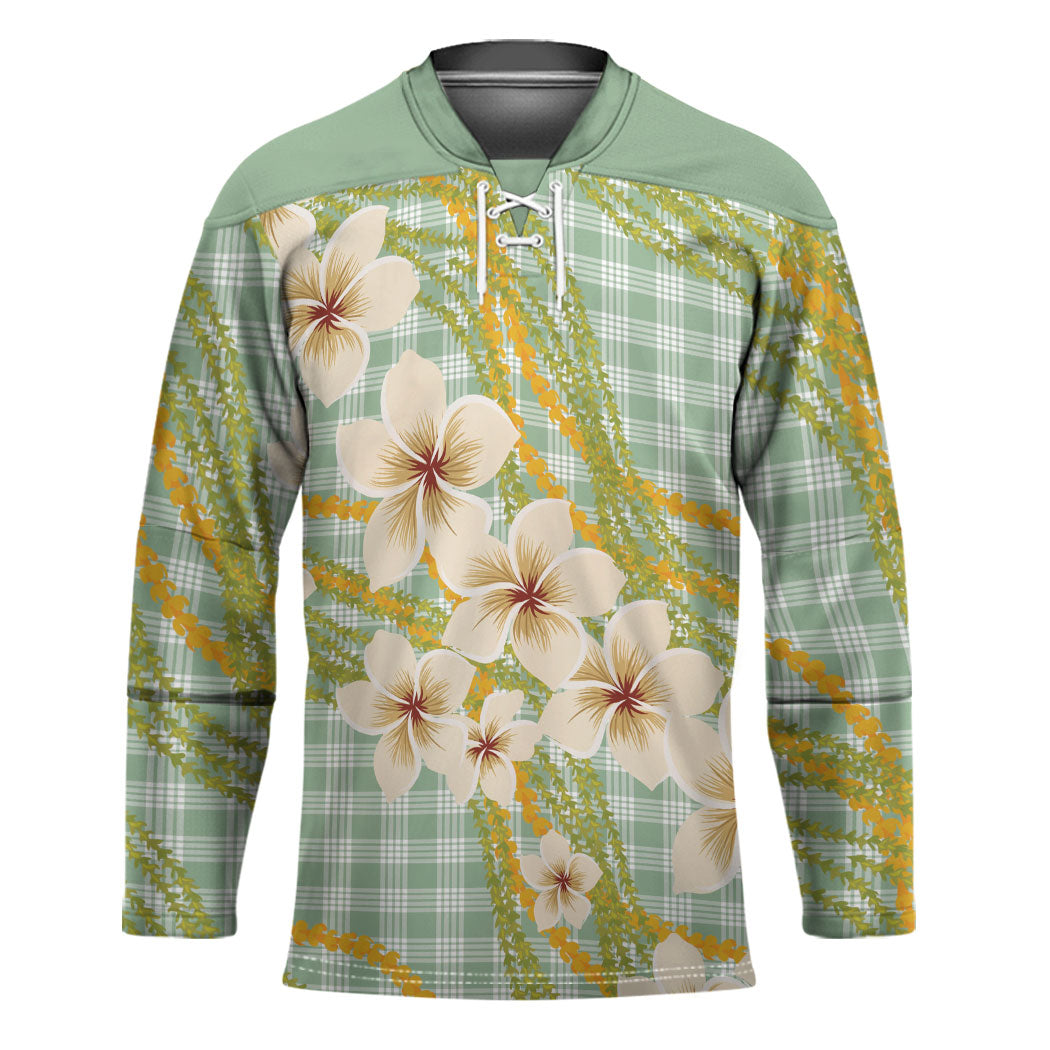 Liko Kukui Hawai'i Palaka Plumeria Hockey Jersey Puakenikeni and Maile Lei LT9 Unisex Sage Green - Polynesian Pride