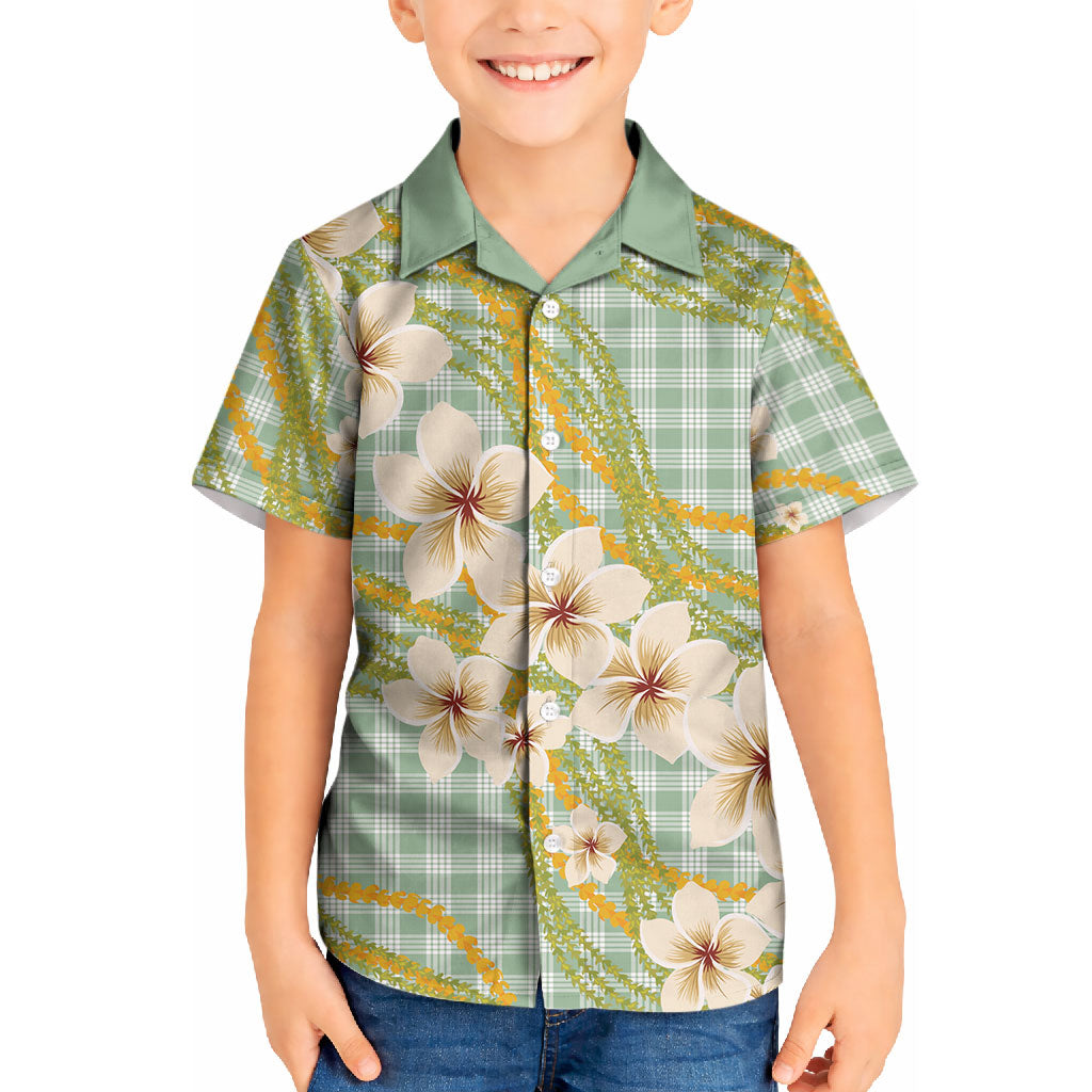 Liko Kukui Hawai'i Palaka Plumeria Kid Hawaiian Shirt Puakenikeni and Maile Lei LT9 Kid Sage Green - Polynesian Pride