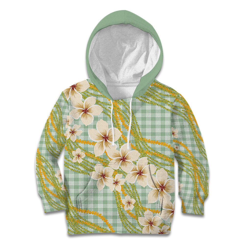 Liko Kukui Hawai'i Palaka Plumeria Kid Hoodie Puakenikeni and Maile Lei LT9 Hoodie Sage Green - Polynesian Pride