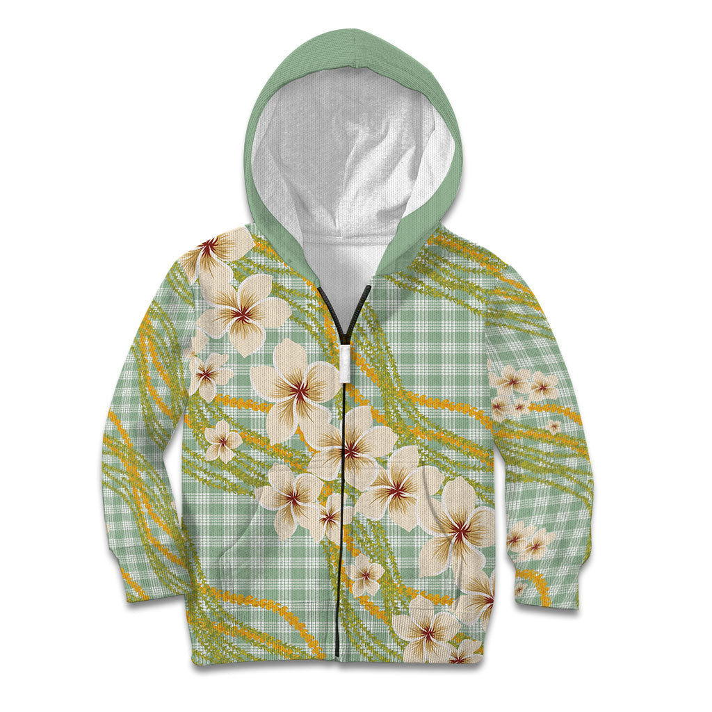 Liko Kukui Hawai'i Palaka Plumeria Kid Hoodie Puakenikeni and Maile Lei LT9 Zip Hoodie Sage Green - Polynesian Pride