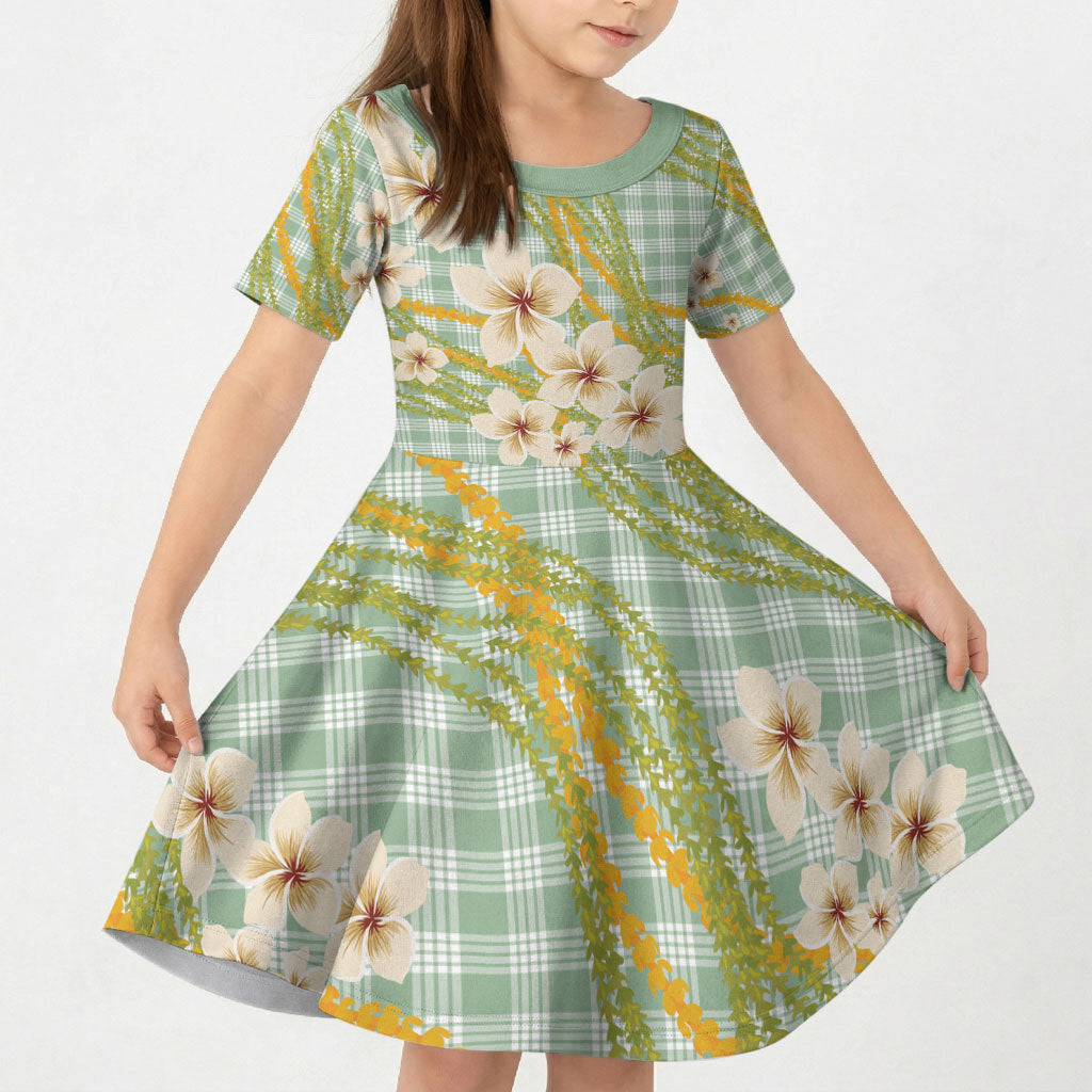 Liko Kukui Hawai'i Palaka Plumeria Kid Short Sleeve Dress Puakenikeni and Maile Lei LT9 KID Sage Green - Polynesian Pride