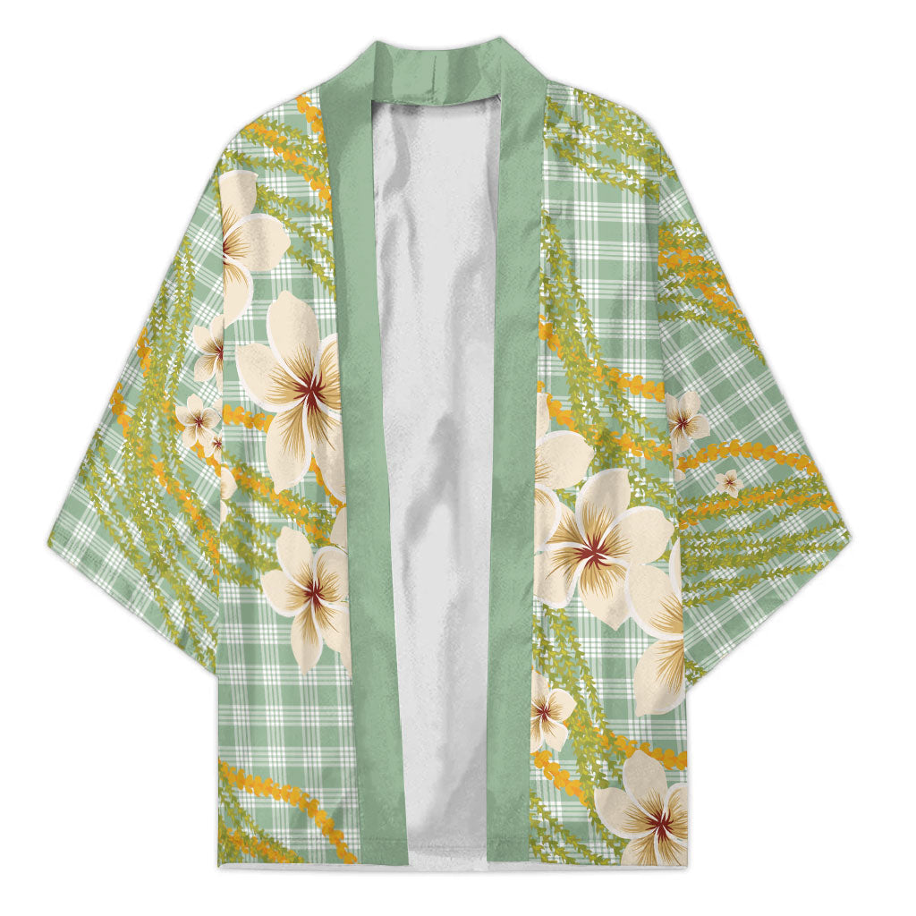 Liko Kukui Hawai'i Palaka Plumeria Kimono Puakenikeni and Maile Lei LT9 Unisex Sage Green - Polynesian Pride