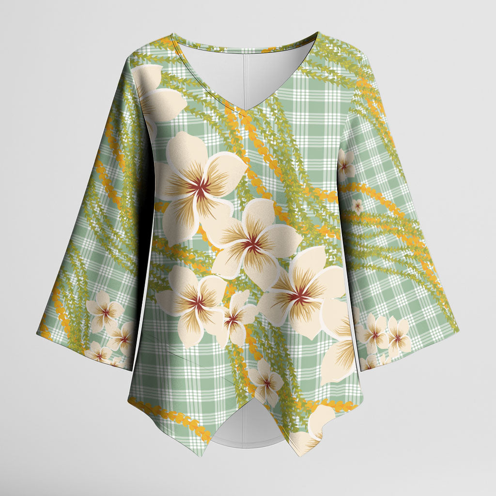 Liko Kukui Hawai'i Palaka Plumeria Kimono Sleeve Blouse Puakenikeni and Maile Lei LT9 Female Sage Green - Polynesian Pride