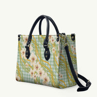 Liko Kukui Hawai'i Palaka Plumeria Leather Bag Puakenikeni and Maile Lei LT9 Sage Green - Polynesian Pride