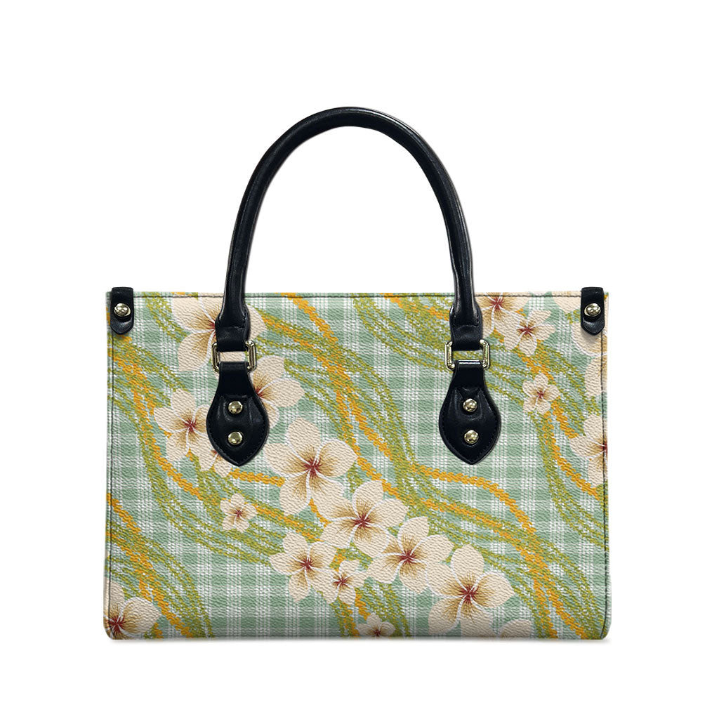 Liko Kukui Hawai'i Palaka Plumeria Leather Bag Puakenikeni and Maile Lei LT9 - Polynesian Pride