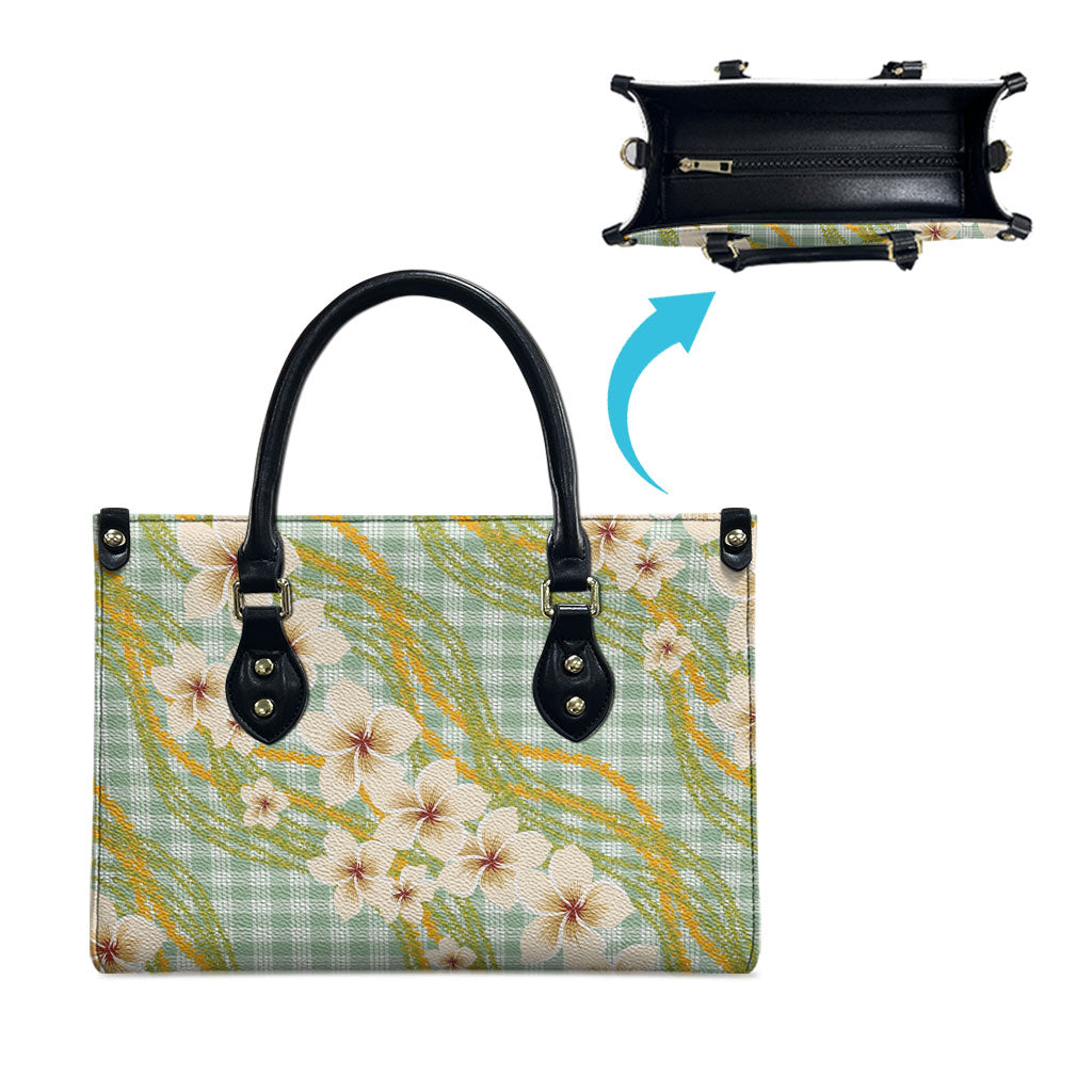 Liko Kukui Hawai'i Palaka Plumeria Leather Bag Puakenikeni and Maile Lei LT9 - Polynesian Pride