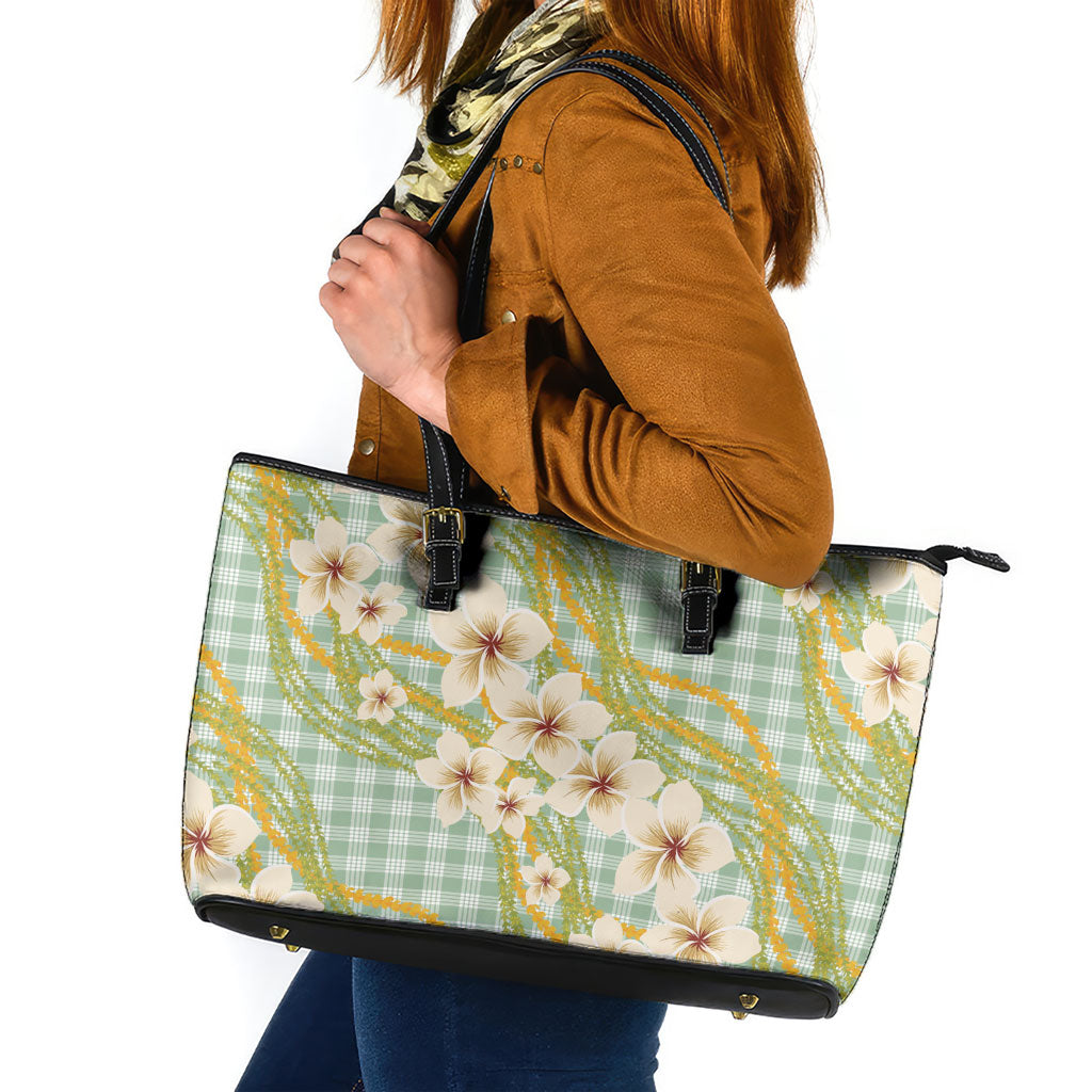 Liko Kukui Hawai'i Palaka Plumeria Leather Tote Bag Puakenikeni and Maile Lei LT9 Sage Green - Polynesian Pride