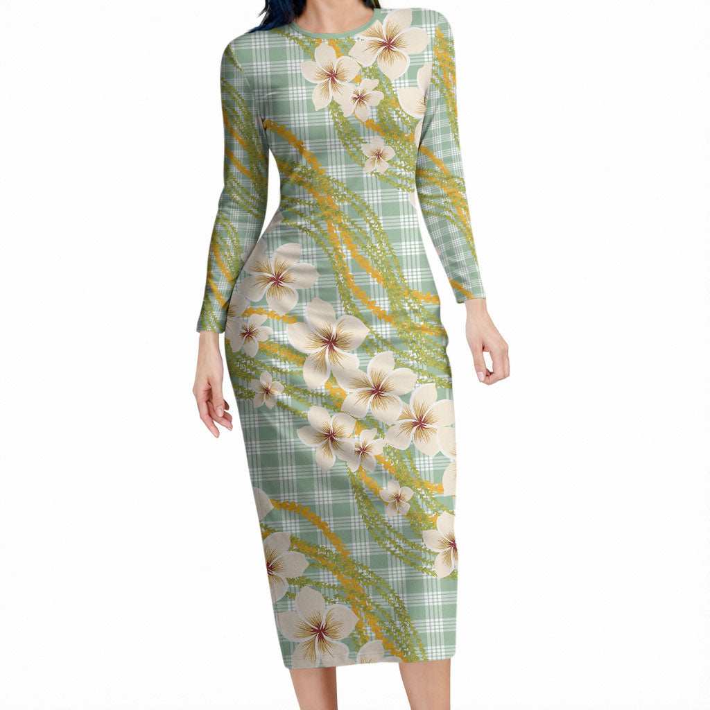 Liko Kukui Hawai'i Palaka Plumeria Long Sleeve Bodycon Dress Puakenikeni and Maile Lei LT9 Long Dress Sage Green - Polynesian Pride
