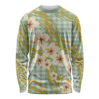 Liko Kukui Hawai'i Palaka Plumeria Long Sleeve Shirt Puakenikeni and Maile Lei LT9 Unisex Sage Green - Polynesian Pride