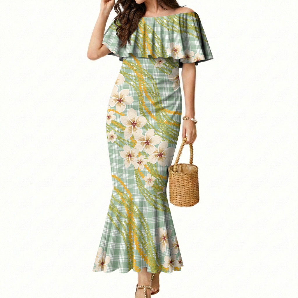Liko Kukui Hawai'i Palaka Plumeria Mermaid Dress Puakenikeni and Maile Lei LT9 Women Sage Green - Polynesian Pride