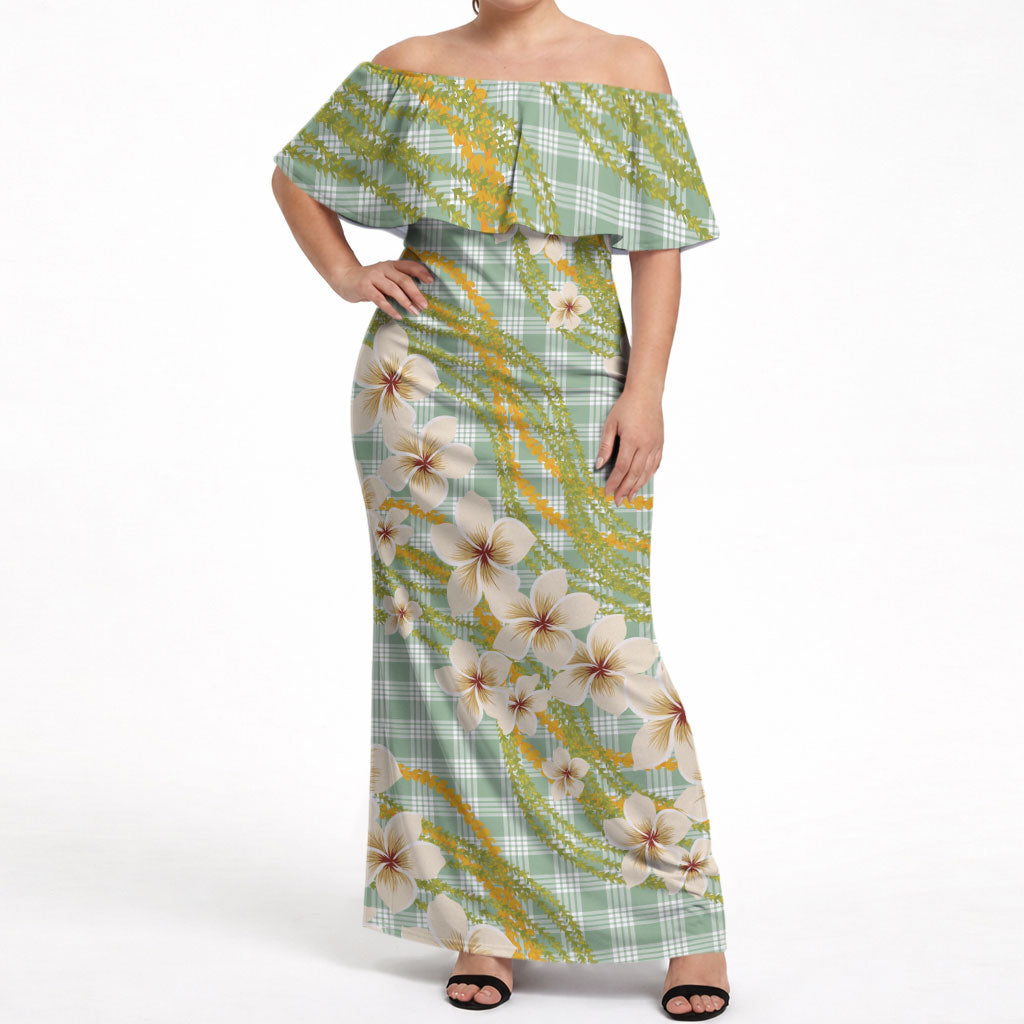 Liko Kukui Hawai'i Palaka Plumeria Off Shoulder Maxi Dress Puakenikeni and Maile Lei LT9 Women Sage Green - Polynesian Pride