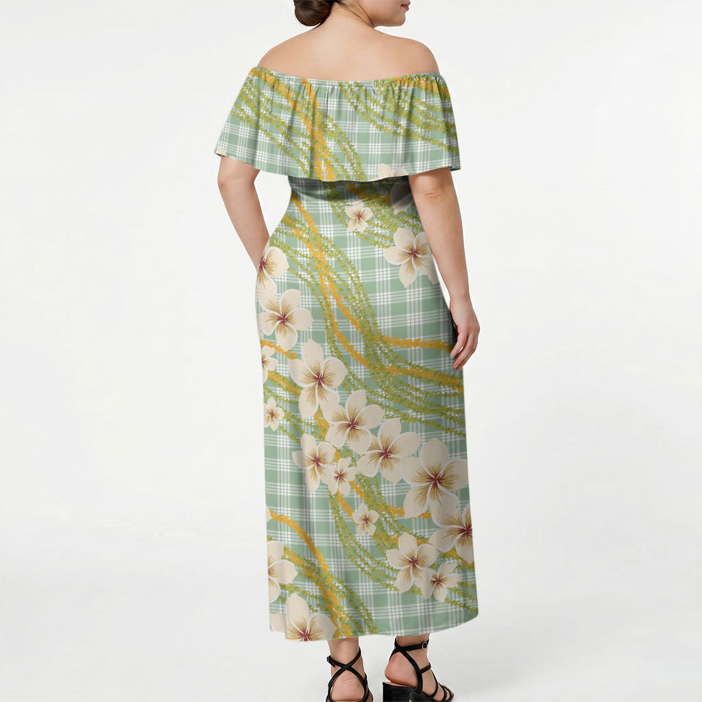 Liko Kukui Hawai'i Palaka Plumeria Off Shoulder Maxi Dress Puakenikeni and Maile Lei LT9 - Polynesian Pride