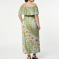 Liko Kukui Hawai'i Palaka Plumeria Off Shoulder Maxi Dress Puakenikeni and Maile Lei LT9 - Polynesian Pride