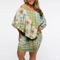 Liko Kukui Hawai'i Palaka Plumeria Off Shoulder Short Dress Puakenikeni and Maile Lei LT9 Women Sage Green - Polynesian Pride