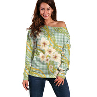 Liko Kukui Hawai'i Palaka Plumeria Off Shoulder Sweater Puakenikeni and Maile Lei LT9 Women Sage Green - Polynesian Pride