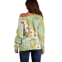 Liko Kukui Hawai'i Palaka Plumeria Off Shoulder Sweater Puakenikeni and Maile Lei LT9 - Polynesian Pride