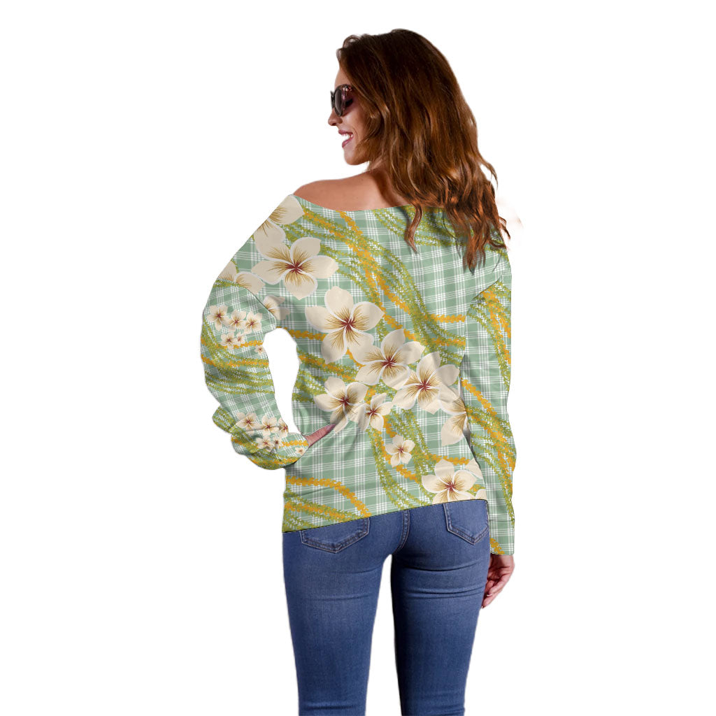 Liko Kukui Hawai'i Palaka Plumeria Off Shoulder Sweater Puakenikeni and Maile Lei LT9 - Polynesian Pride