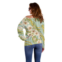 Liko Kukui Hawai'i Palaka Plumeria Off Shoulder Sweater Puakenikeni and Maile Lei LT9 - Polynesian Pride