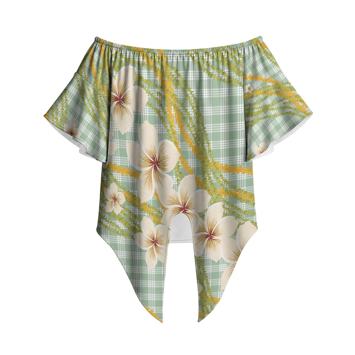 Liko Kukui Hawai'i Palaka Plumeria Off Shoulder Wrap Waist Top Puakenikeni and Maile Lei LT9 Sage Green - Polynesian Pride