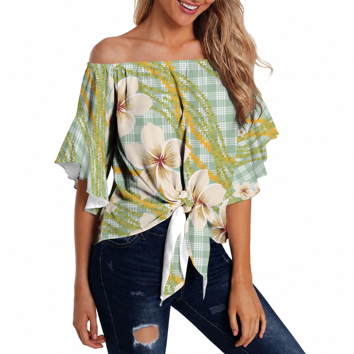 Liko Kukui Hawai'i Palaka Plumeria Off Shoulder Wrap Waist Top Puakenikeni and Maile Lei LT9 - Polynesian Pride