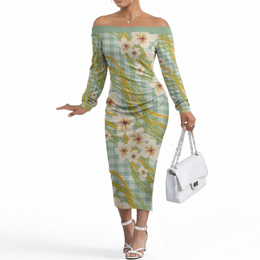 Liko Kukui Hawai'i Palaka Plumeria Off The Shoulder Long Sleeve Dress Puakenikeni and Maile Lei LT9 Women Sage Green - Polynesian Pride