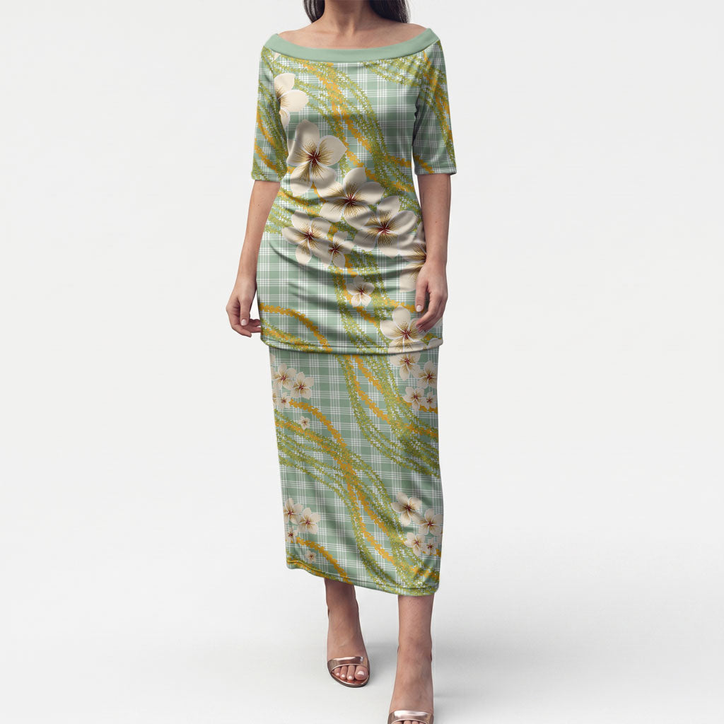 Liko Kukui Hawai'i Palaka Plumeria Puletasi Puakenikeni and Maile Lei LT9 Long Dress Sage Green - Polynesian Pride