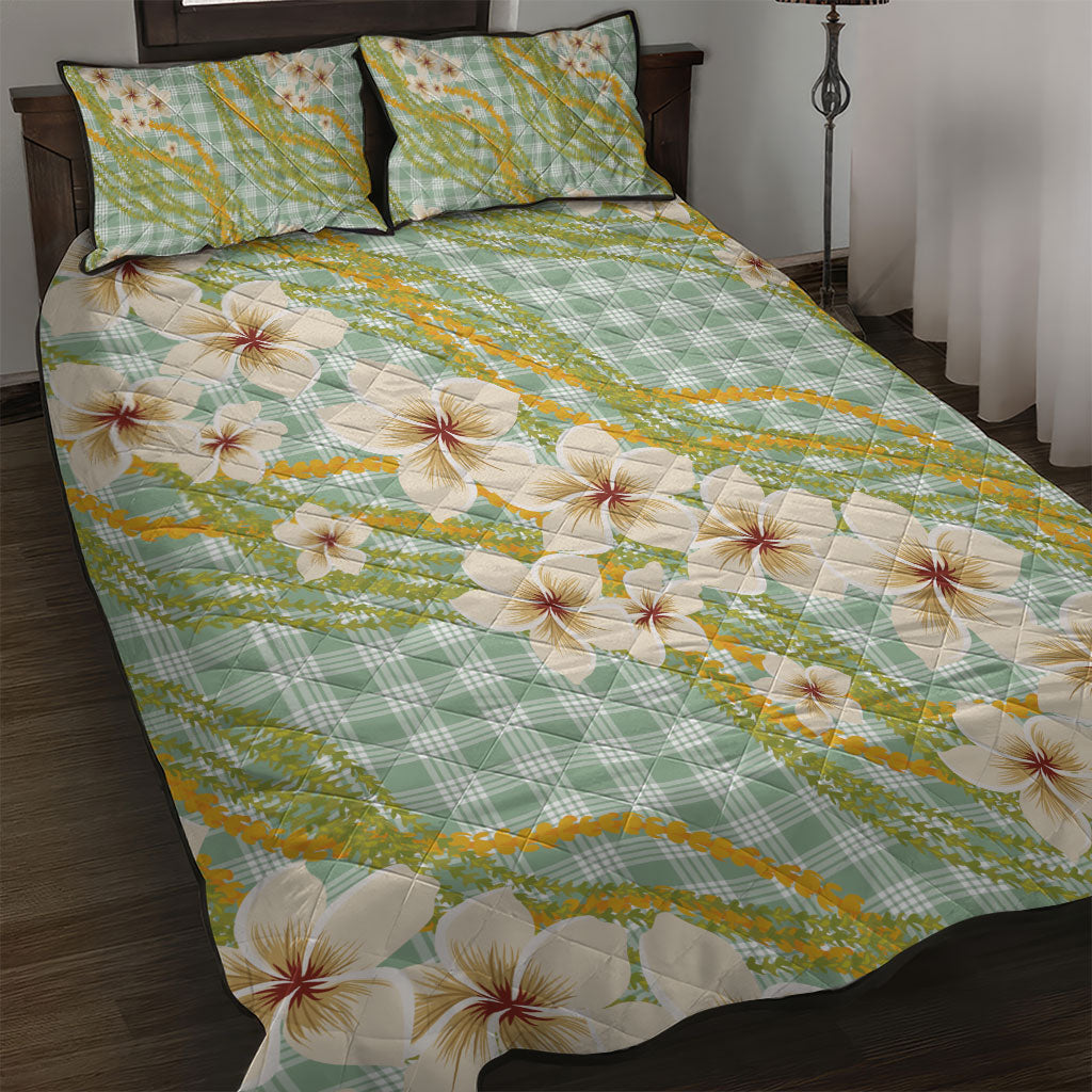 Liko Kukui Hawai'i Palaka Plumeria Quilt Bed Set Puakenikeni and Maile Lei LT9 Sage Green - Polynesian Pride
