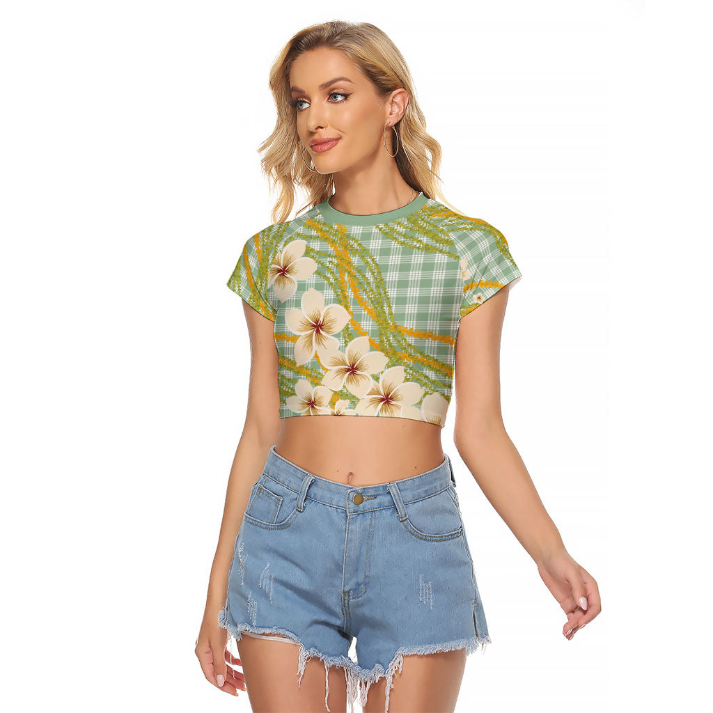 Liko Kukui Hawai'i Palaka Plumeria Raglan Cropped T Shirt Puakenikeni and Maile Lei LT9 Female Sage Green - Polynesian Pride