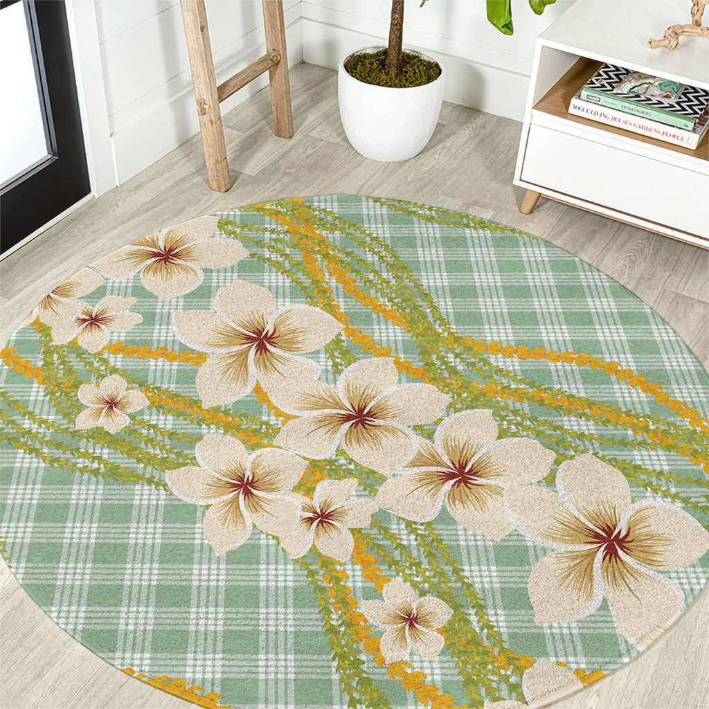 Liko Kukui Hawai'i Palaka Plumeria Round Carpet Puakenikeni and Maile Lei LT9 Sage Green - Polynesian Pride