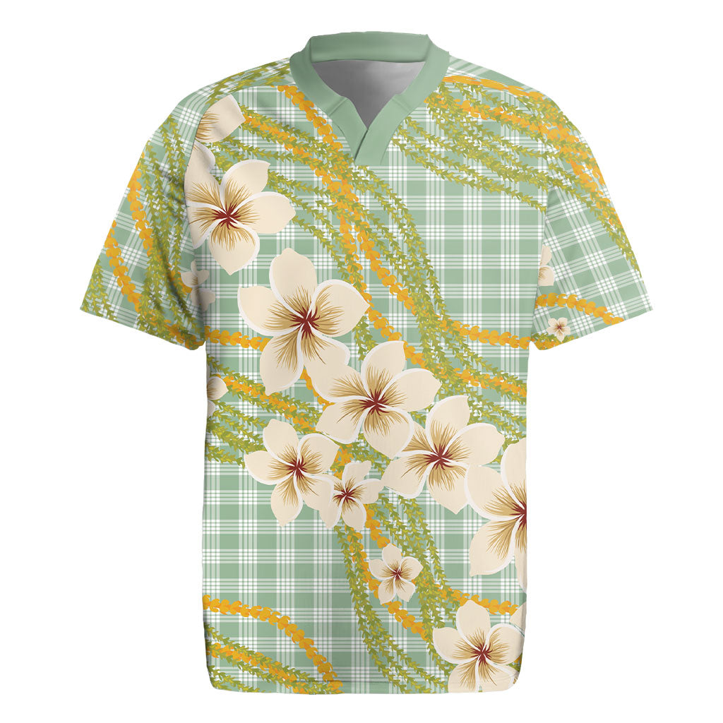 Liko Kukui Hawai'i Palaka Plumeria Rugby Jersey Puakenikeni and Maile Lei LT9 Sage Green - Polynesian Pride