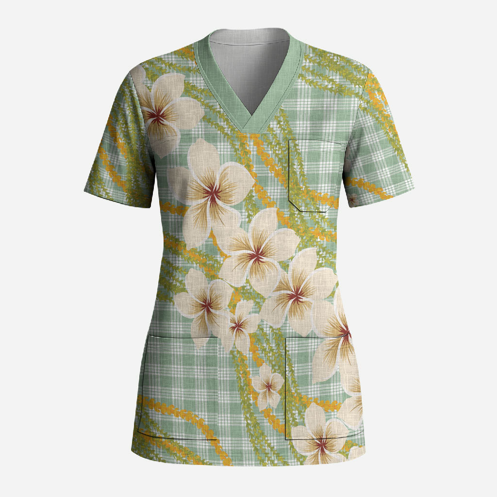 Liko Kukui Hawai'i Palaka Plumeria Scrub Top Puakenikeni and Maile Lei LT9 Adult Sage Green - Polynesian Pride