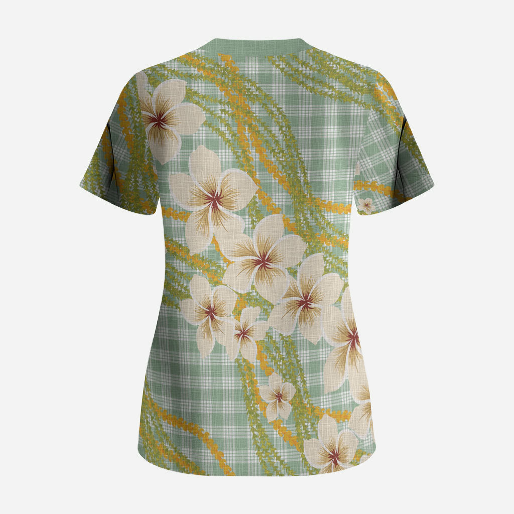 Liko Kukui Hawai'i Palaka Plumeria Scrub Top Puakenikeni and Maile Lei LT9 - Polynesian Pride