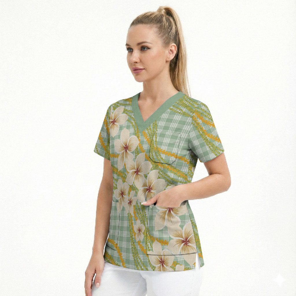 Liko Kukui Hawai'i Palaka Plumeria Scrub Top Puakenikeni and Maile Lei LT9 - Polynesian Pride