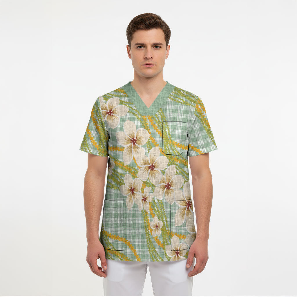 Liko Kukui Hawai'i Palaka Plumeria Scrub Top Puakenikeni and Maile Lei LT9 - Polynesian Pride