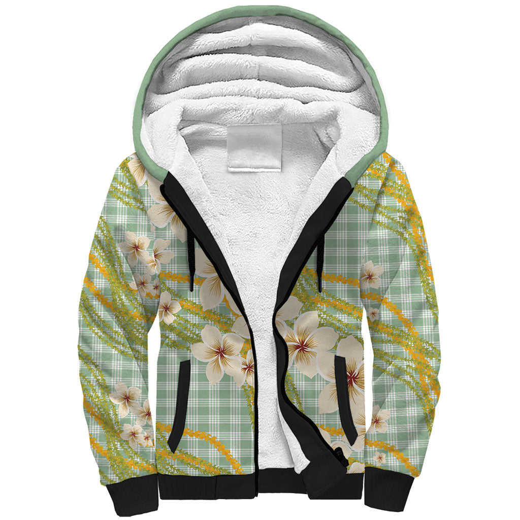 Liko Kukui Hawai'i Palaka Plumeria Sherpa Hoodie Puakenikeni and Maile Lei LT9 Unisex Sage Green - Polynesian Pride
